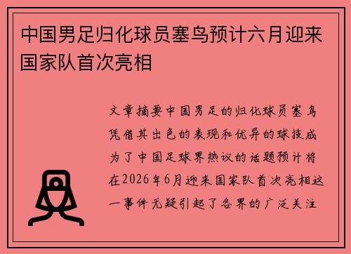 中国男足归化球员塞鸟预计六月迎来国家队首次亮相