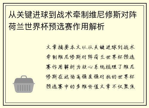 从关键进球到战术牵制维尼修斯对阵荷兰世界杯预选赛作用解析